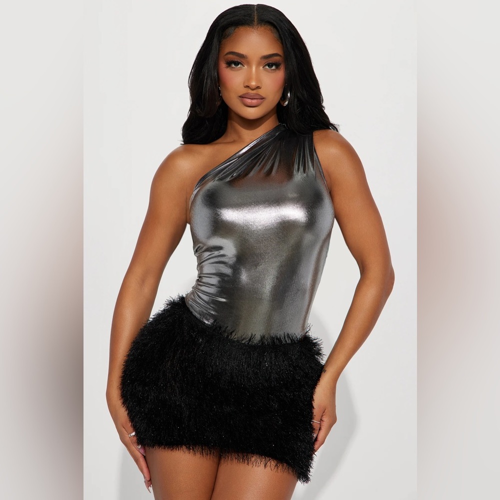 One Shoulder Sheen Metallic Feather Hem Cocktail Party Mini Dresses
